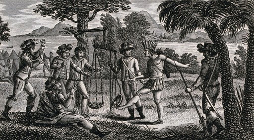 A young Inca man kicking a balance in which the Spanish conquistadors are weighing gold. Etching by A.C.F. Villerey after N. Vallain.