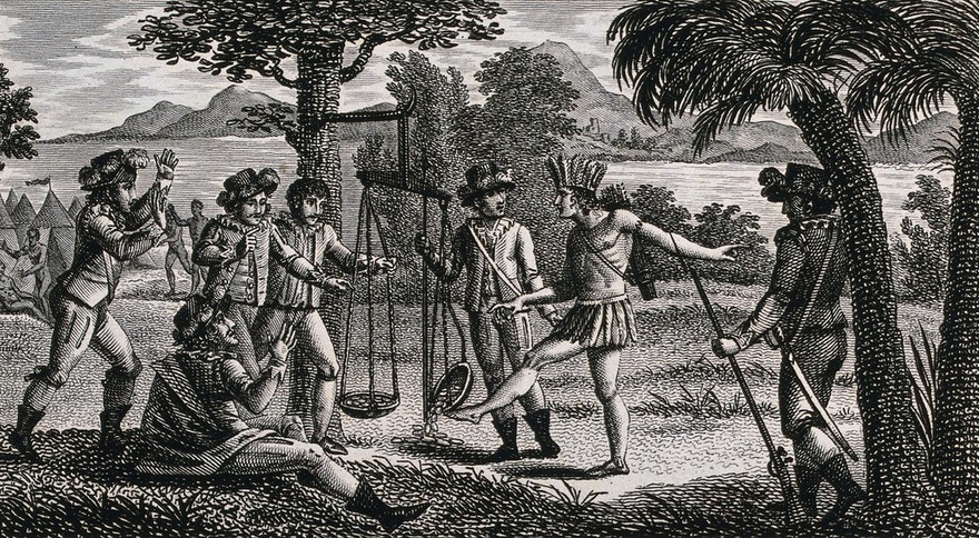 A young Inca man kicking a balance in which the Spanish conquistadors are weighing gold. Etching by A.C.F. Villerey after N. Vallain.