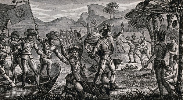 Christopher Columbus landing in the New World. Etching by A.C.F. Villerey after N. Vallain.