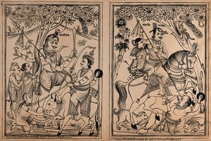 view Double picture: Shiva protecting his devotee from Yama, the God of Death (left), Khandoba as a Mahratta horseman spearing a demon. Transfer lithograph.