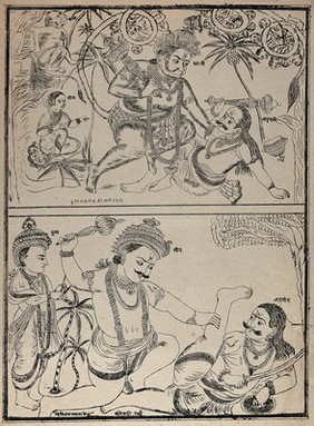 Hanuman defeating demons in Sri Lanka while Sita sits under a tree;  Bhima killing Jarasamdha watched by Krishna. Transfer lithograph.