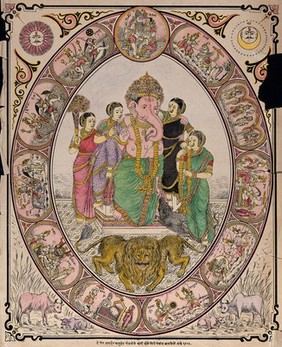 Ganesha with his two wives and two female attendants, his rat and a lion with two heads all surrounded by roundels. Coloured transfer lithograph by Janaradna Vasudtya.