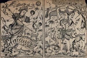 view Double picture: Durga slaying the buffalo demon, Shri Deri; Shri Dattatreya with a cow, two worshippers and dog. Transfer lithograph.