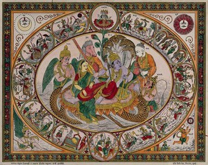 view Narayan on the waters with Lakshmi massaging his legs surrounded by Narada, Maruti, Garuda and Tumbra, all surrounded by roundels. Coloured transfer lithograph.