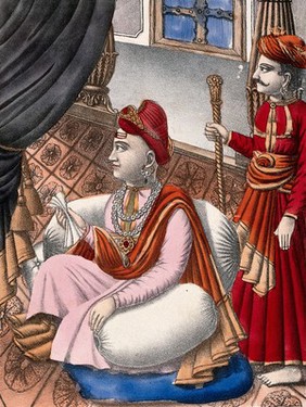 Narainrao Peshwa with a manservant. Coloured lithograph, 1888.