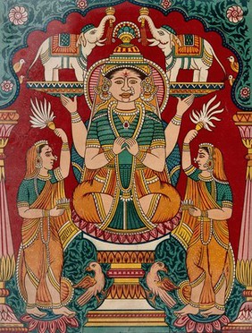 Lakshmi being anointed by elephants. Chromolithograph.