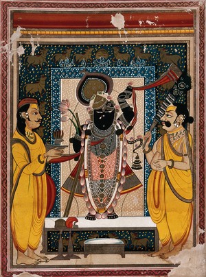 view Krishna with two worshippers, as worshipped in Nathdwara, Rajasthan. Chromolithograph.