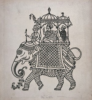 view Raja on an elephant in the style of Ahmedabad, Gujarat. Process print.