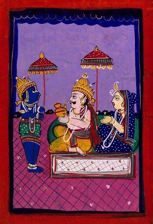 view Vamana avatar: Vaman before King Bali and consort. Gouache drawing.