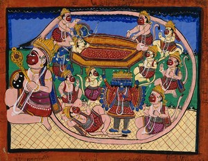 view Hanuman kneeling with tail encircling Rama and Sita in bed, while several monkeys circle around Ravana. Gouache drawing.