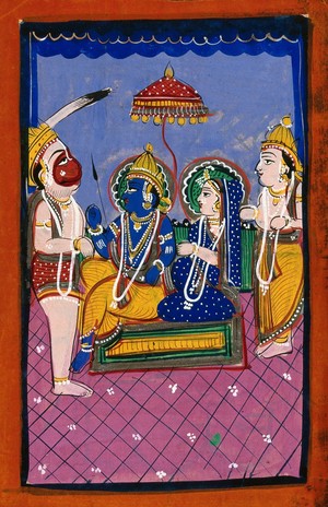 view Hanuman before Rama and Sita and attendant. Gouache drawing.