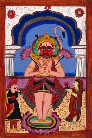 view Hanuman with two worshippers. Gouache drawing.