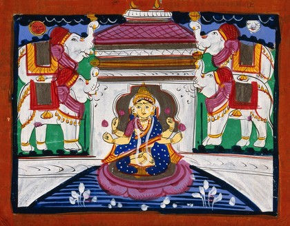 Consecration of Sri Lakshmi by the Elephants of Directions. Gouache drawing.