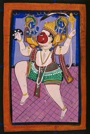 view Hanuman carrying Rama and Lakshman. Gouache drawing.