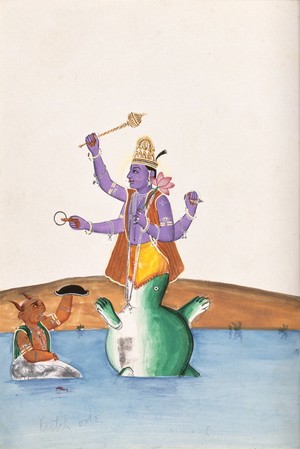 view Vishnu fighting with the conch shell demon with Kurma's help. Gouache drawing.