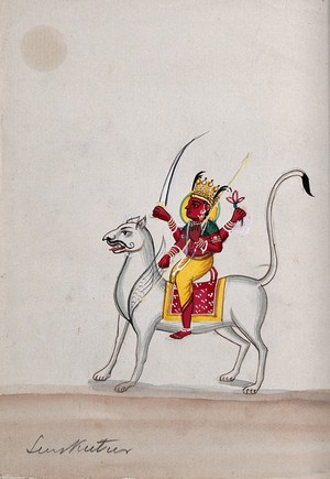 view Unidentified god riding on winged lion. Gouache drawing.
