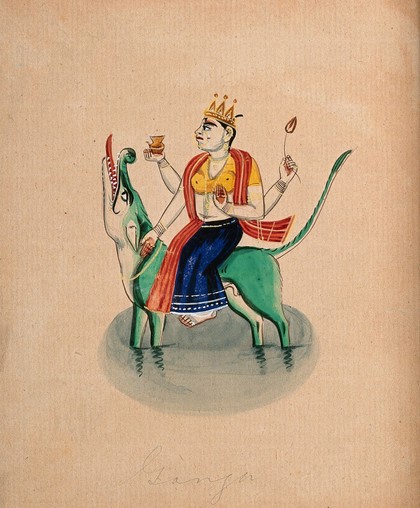 Ganga and her transport. Gouache drawing.