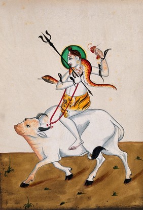 Shiva with his symbols riding Nandi. Gouache drawing.