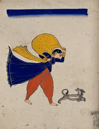 A woman and a dog hurrying from an approaching storm. Gouache.