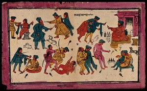 view Forms of misbehaviour, drunkeness, debauchery, and violence among Sikhs. Coloured transfer lithograph.