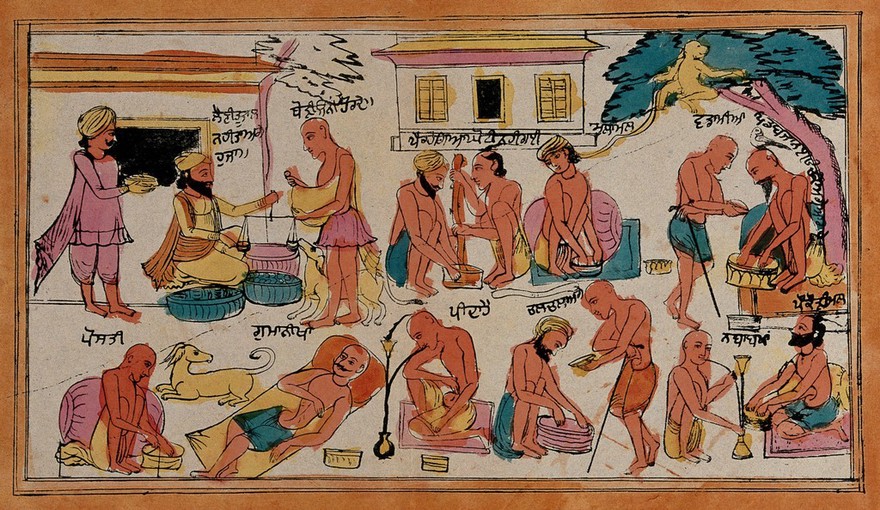 Sikh ascetics misbehaving: preparing drugs, slothfulness, begging, teaching the young wrong ways. Coloured transfer lithograph.