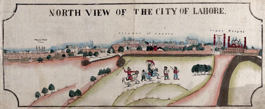 City of Lahore with Ranjit Singh in foreground, Punjab, Pakistan. Coloured transfer lithograph.