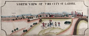 view City of Lahore with Ranjit Singh in foreground, Punjab, Pakistan. Coloured transfer lithograph.