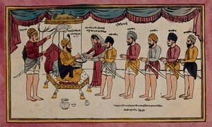 view Guru Gobind Singh mixing nectar for his disciples at the birth of Khalsa. Coloured transfer lithograph.