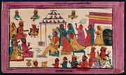 Marriage of Rama to Sita with Brahmins making fire sacrifice. Coloured ...