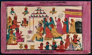 view Marriage of Rama to Sita with Brahmins making fire sacrifice. Coloured transfer lithograph.