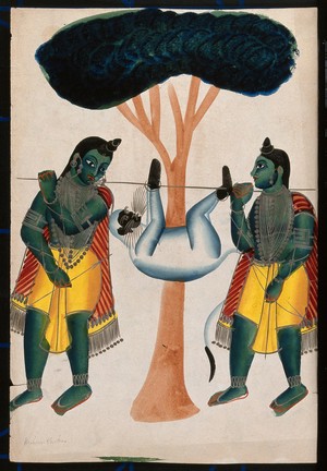 view Two men carrying a captured monkey tied to a pole, possibly Hanuman. Watercolour drawing.