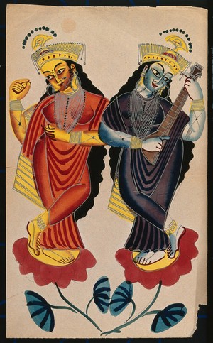 view Hindu goddesses Lakshami and Saraswati playing castanets and a tambura. Watercolour drawing.