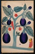 view A woman pulling giant aubergines from a tree. Watercolour.