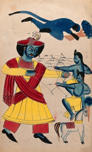 view Rama fighting his sons Lava and Kusa with Hanuman helping. Watercolour drawing.