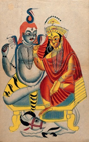 view Shiva and Parvati sitting on their throne with Nandi the bull. Watercolour drawing.