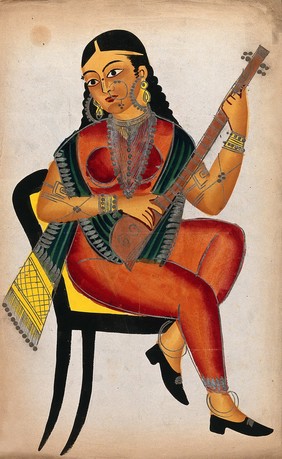 A seated courtesan playing a sitar. Watercolour drawing.