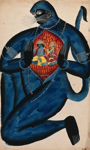 view Hanuman revealing Rama and Sita in his heart. Watercolour drawing.