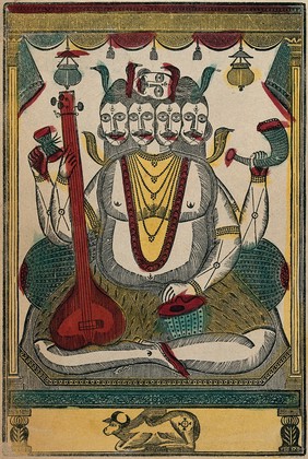 Five-headed Shiva playing musical instruments. Coloured transfer lithograph.