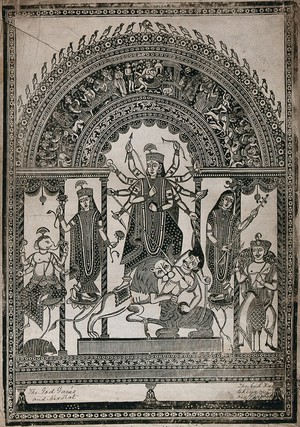 view Durga slaying the Buffalo demon depicted on a stand and surmounted on a torana decorated with smaller figures of demon kings and Hindu gods. Transfer lithograph.