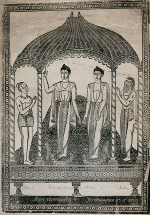 view Sri Chaitanya and Gorind Chunder Rai flanked by two devotees. Transfer lithograph.