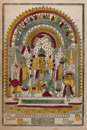 view Durga slaying the Buffalo demon surrounded by deities on a stand within a torana. Coloured transfer lithograph.