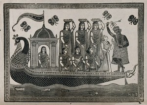 view Krishna steering a peacock-headed boat carrying seven maidens and an old lady. Transfer lithograph.