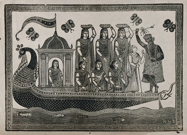 Krishna steering a peacock-headed boat carrying seven maidens and an old lady. Transfer lithograph.