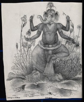 Ganesha with rat. Lithograph.