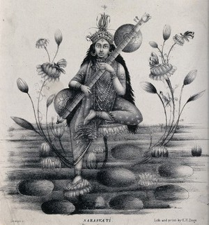 view Saravati holding a musical instrument, sitting on a lotus in water. Lithograph.