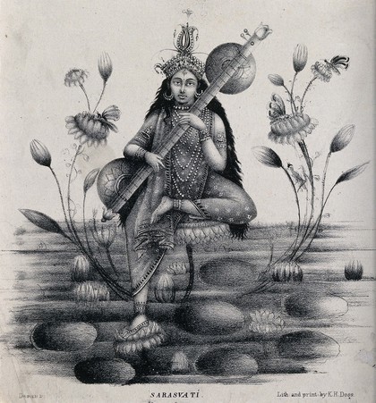 Saravati holding a musical instrument, sitting on a lotus in water. Lithograph.