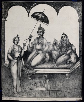 Rama and Sita enthroned with servant and monkey. Lithograph.