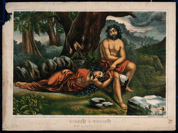 Nala and Damayanti in exile in the forest. Chromolithograph.