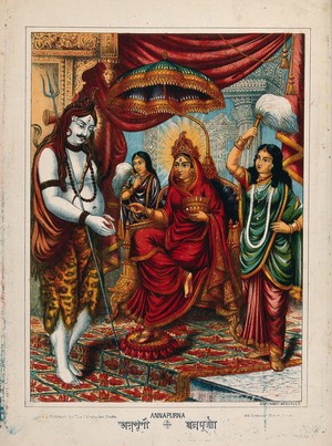 view Shiva begging from Annapurna. Chromolithograph.