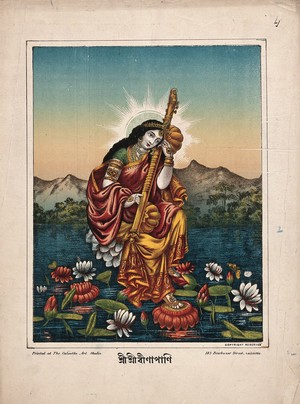 view Sarasvati with a musical instrument, sitting on a lotus on the river. Chromolithograph.